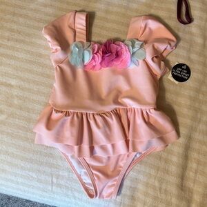 NWT Nicole Miller Toddler 2T Pink Ruffle Skirt Floral Poms One Piece Swimsuit